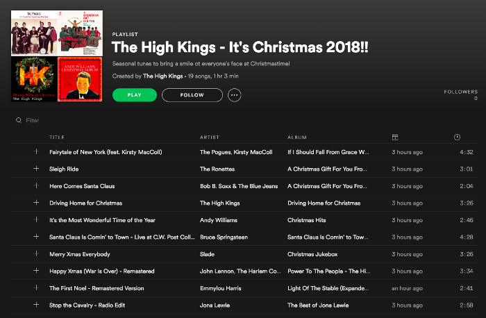 The High Kings 2018 Christmas Playlist