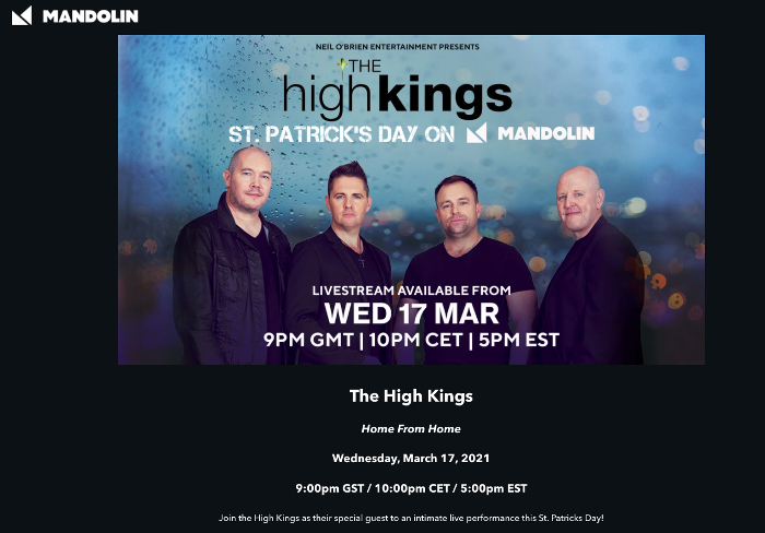 The High Kings have just announced a special livestream for March 17th, St. Patrick's Day.