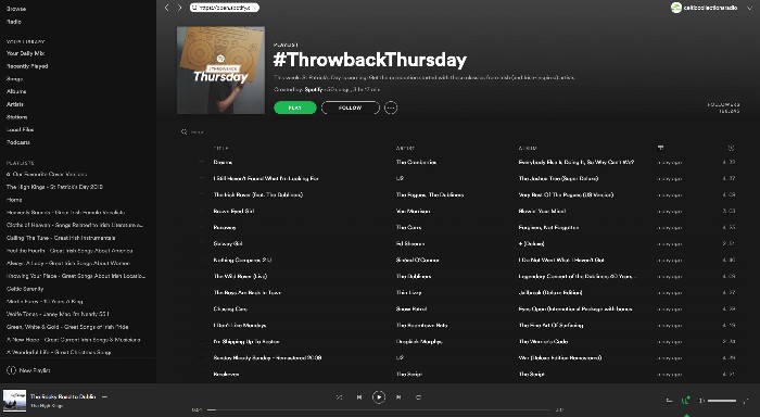 The High Kings 'Rocky Road To Dublin' added to Spotify 'Throwback Thursday' playlist.